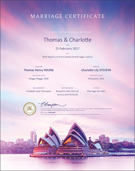Marriage Certificate NSW, Marriage Opera House