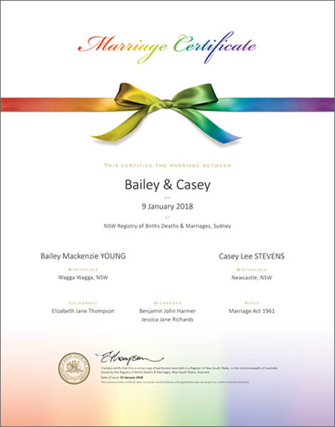 Marriage Certificate NSW, Marriage Rainbow Bow