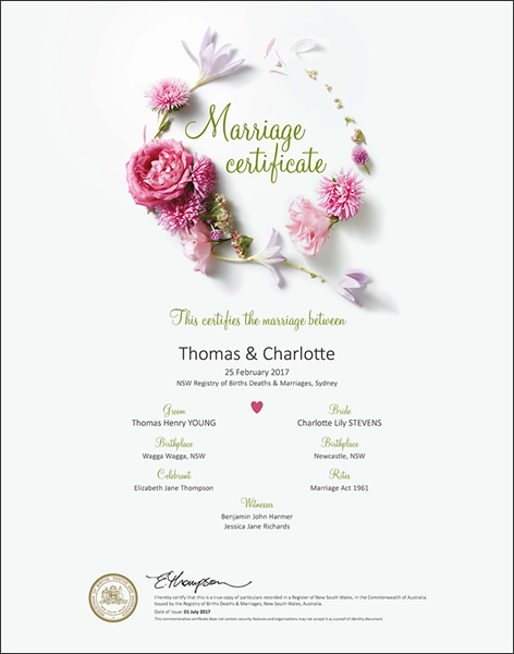Marriage Certificate NSW, Marriage Floral Pink